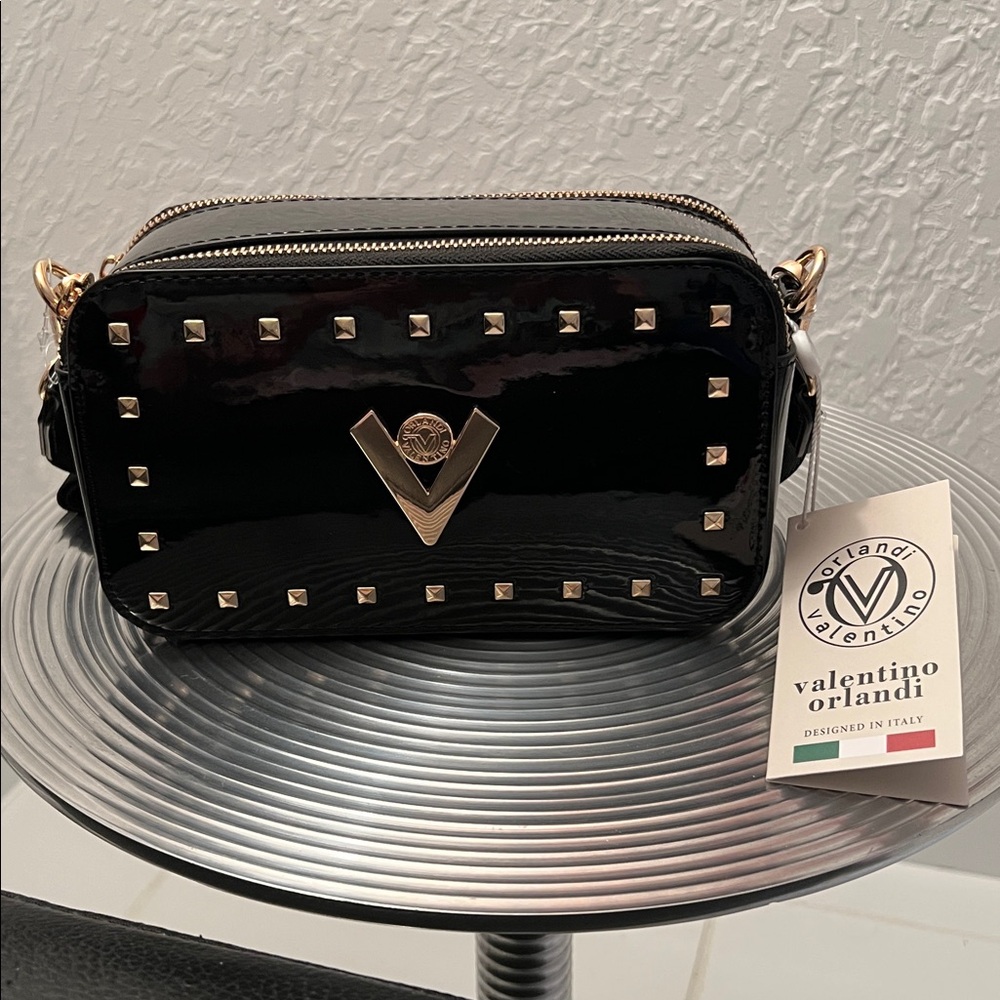 VALENTINO ORLANDI NWT BLACK PATENT CAMERA CROSSBODY BAG WITH GUITAR STRAP - Picture 12 of 12